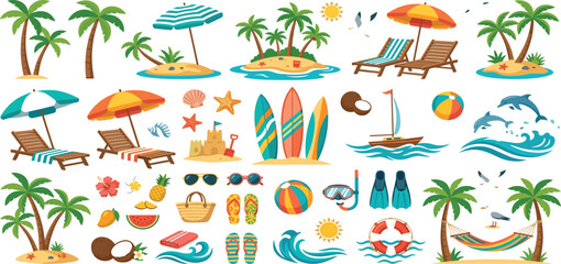 Tropical summer beach resort elements and holiday vacation vector icons set for travel design © Mahan