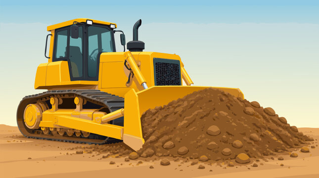 A bright yellow bulldozer pushing and moving a pile of dirt at a construction site, ideal for commercial use as a bold flat vector illustration of heavy machinery and construction.