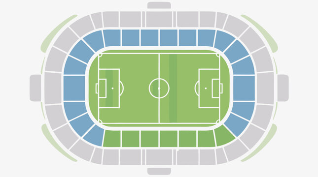 An abstract top-down map layout of a generic soccer stadium showing seating sections and the pitch in flat colors, perfect for commercial use as a flat vector illustration of sports architecture.