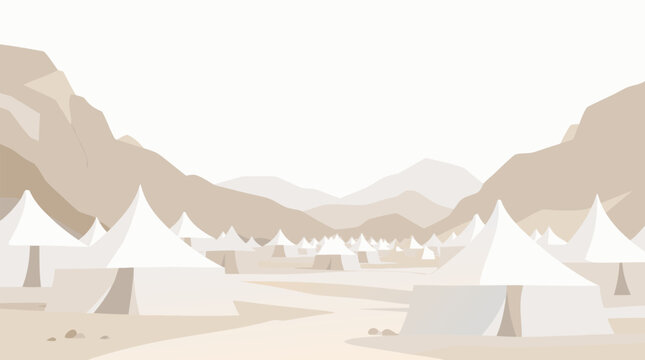 Abstract white pilgrim tents arranged in rows across a sandy valley representing the Hajj pilgrimage gathering at Mina, ideal for commercial use as a respectful flat vector illustration.
