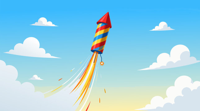A colorful striped firework rocket soaring upward through a blue sky with white clouds, ready to explode in a burst of light, great for commercial use as a festive flat vector illustration.