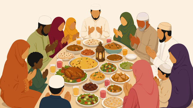 Flat vector illustration of a diverse Muslim family seated around a feast table praying together before an Iftar meal with a decorative lantern, ideal for Ramadan and Eid celebration themes.