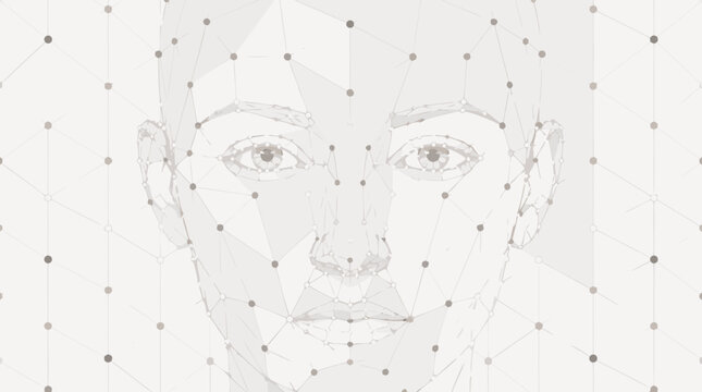 Flat vector illustration of a human face with a triangular mesh grid and node overlay for facial recognition technology, ideal for AI, biometric security, and tech design themes.