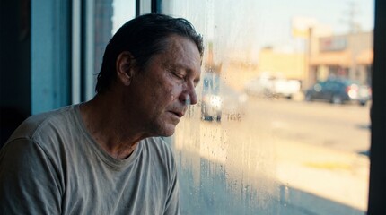 Fototapeta premium Exhausted man pressing sweat-streaked face against wet window looking at hot street