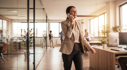 Fototapeta premium Businesswoman talking on phone in modern office environment with coworkers