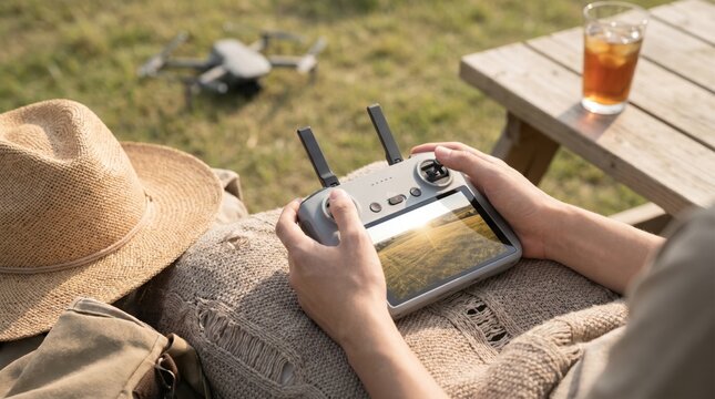 Young adult man operating drone with remote controller screen outdoors in summer field for aerial photography and videography hobby