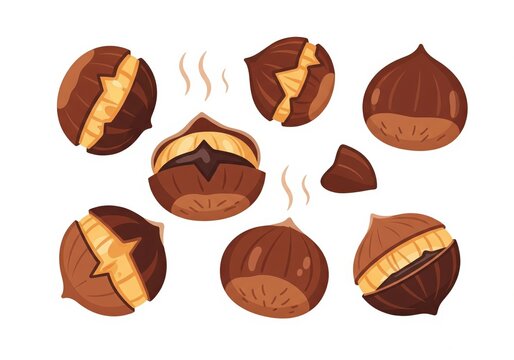 A collection of roasted chestnuts in various cracked open states on a white background, illustrating a seasonal snack.