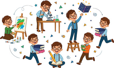 Smart Schoolboy Character Activity Set Painting on Easel Using Microscope Writing and Carrying Books for Creative STEM Education and Early Learning Designs