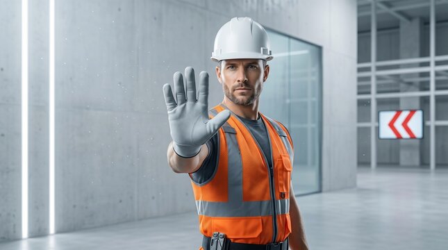 Construction site supervisor signaling stop gesture wearing safety vest and hard hat in a modern industrial facility with concrete walls