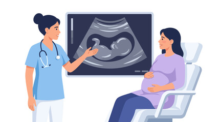 Fototapeta premium Female obstetrician showing ultrasound scan results to pregnant woman flat design vector illustration.