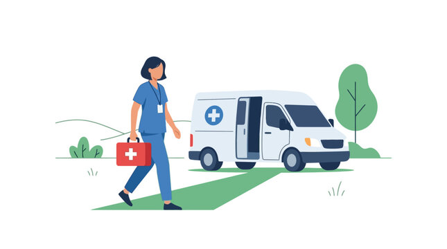Female paramedic carrying red first aid kit walking from ambulance for emergency medical response flat design vector illustration