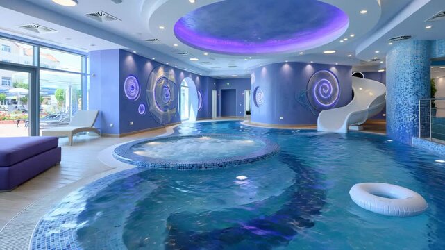 Beautiful indoor swimming pool with stylish neon wall lighting, creating a luxurious modern atmosphere perfect for wellness, relaxation, hospitality, and contemporary interior design.
