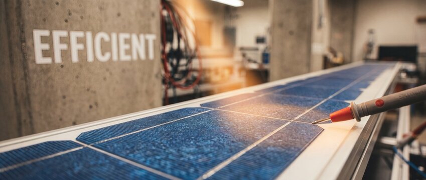 Solar cell efficiency testing lab with multimeter probe inspecting a photovoltaic panel during assembly quality control process, concept of renewable green energy technology and sustainability.