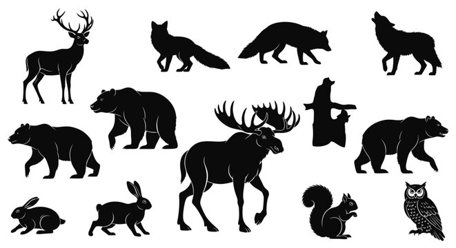 Collection of black silhouettes of wild forest animals and woodland creatures.