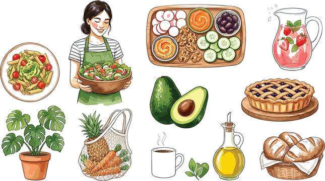 Healthy lifestyle and organic food collection featuring fresh vegetables, avocado, olive oil, salad, homemade bread, herbal tea, and nutritious meals