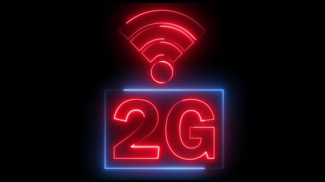 Glowing neon red and blue color wi-fi with 2G network text icon animation sign symbol on black background