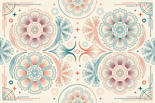 Geometric pattern with mechanical flower shapes, gears, and thin lines in teal and coral colors on a light beige background