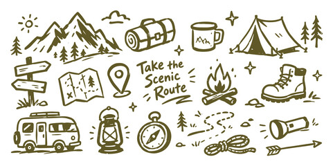 Camping Scenic Route Doodle Set Vector Illustration © Victoria
