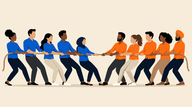 Flat vector illustration of two diverse teams in blue and orange shirts competing in a tug of war, ideal for inclusion, diversity, and competitive team dynamics in business content.