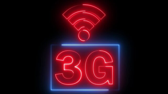 Glowing neon red and blue color wi-fi with 3G network text icon animation sign symbol on black background
