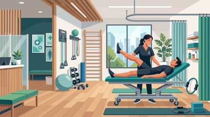 Fototapeta premium Physical therapist assisting patient with leg exercises on treatment table in modern clinic