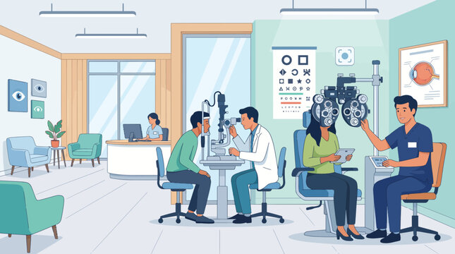 An optometrist examines a patient in a modern clinic with doctor, nurse, equipment, and charts nearby