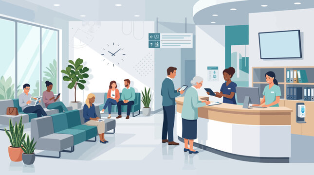 Modern hospital interior with patients and staff at reception desk and waiting area