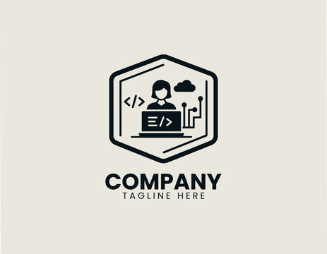 female software engineer coding woman tech black white vector logo