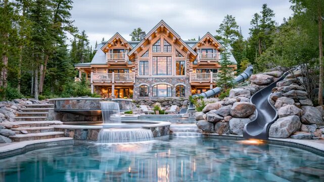 wooden mansion with beautiful pool small water park with spring and slider surround with green lush forest 