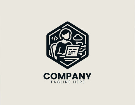 female software engineer coding woman tech black white vector logo