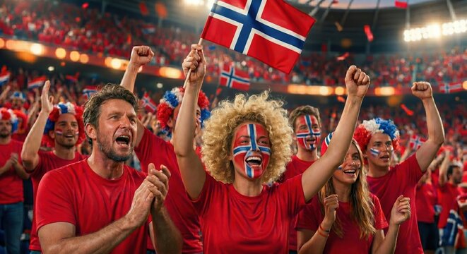 Ecstatic Norwegian football fans cheering in a packed stadium. Passionate supporters in red shirts with face paint and Norway flags celebrating a goal during a major international soccer championship.