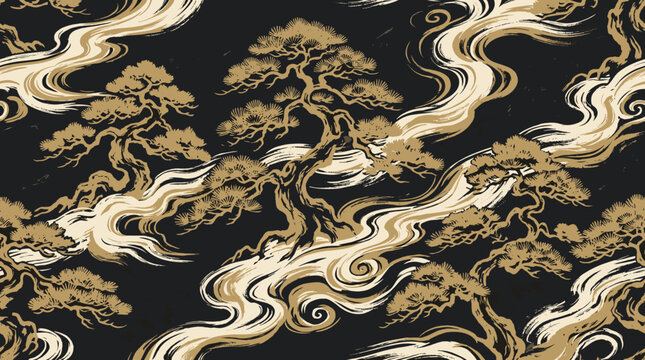 An intricate and artistic depiction of ancient bonsai trees intertwined with swirling golden clouds against a dark background.
