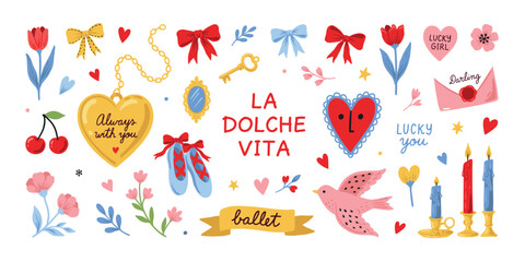 Floral Ornament With Hearts Ribbons And Ballet Slippers Vector Illustration © StockVerse