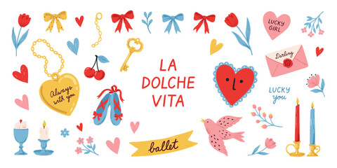 Floral Ornament With Hearts Keys And Ballet Slippers Vector Illustration © StockVerse