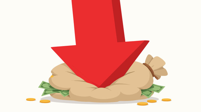 A flat vector illustration of a massive red downward arrow crushing a bulging bag of money with coins spilling out, powerfully representing financial loss, market crash, and economic decline.