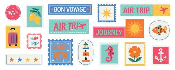 Travel themed Stickers Vector Illustrations With Bright Colors And Nautical Elements © StockVerse