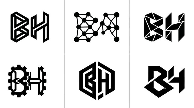 Collection of six distinct black and white BH letter logos with various geometric and abstract designs.