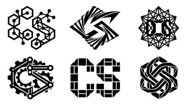 Collection of six distinct CS letter logo designs in black and white.