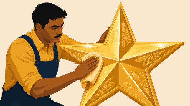 A flat vector illustration of a dedicated worker in overalls carefully polishing a massive ornate golden star with a cloth, representing quality, craftsmanship, and striving for excellence.