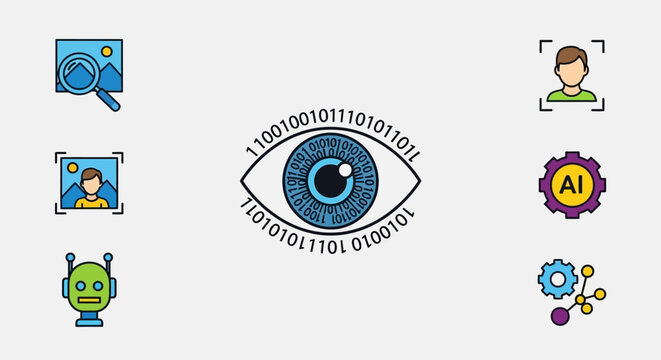 AI and Technology Icons: Search, User Profile, Robot, and Binary Eye