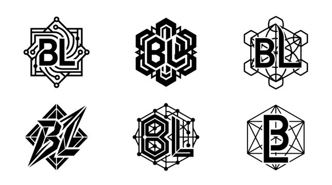 Set of six unique BL monogram logos with geometric and abstract designs.