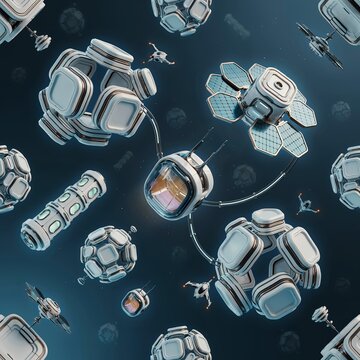Futuristic space station modules and small spacecraft floating in deep dark blue outer space with a seamless pattern of orbital technology