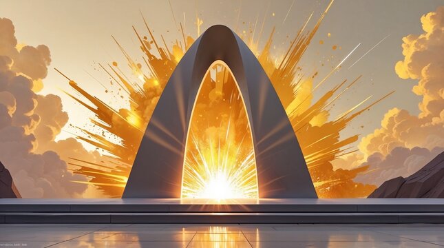 Futuristic geometric archway emitting an explosive golden light. Dramatic, majestic, and powerful architectural backgrounds for epic creative projects.