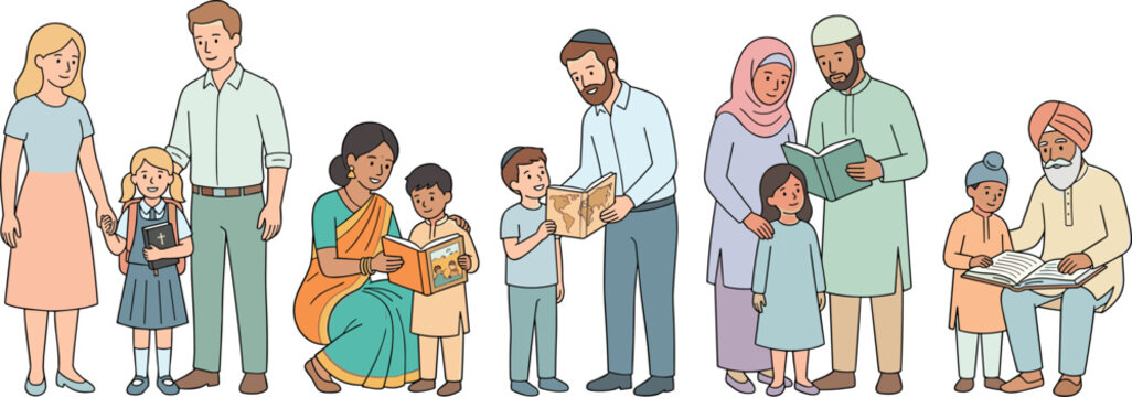 Diverse Multicultural Parents and Children Reading Books and Learning Together Character Set for Global Education Inclusion and Family Literacy Concept Designs