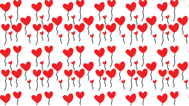 Red heart balloon pattern vector with repeating rows of floating symbols and black strings on white background