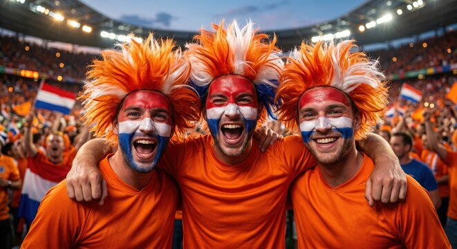 Excited Netherlands football supporters celebrating together in a packed stadium during an international soccer tournament. Dutch fans wearing colorful wigs and face paint, expressing joy and team spi