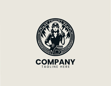 female electrical engineer circuit board black white vector logo