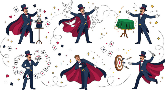 Magician Performance Trick Bundle with Illusionist Pulling Rabbit out of Hat Levitating Table Throwing Knives and Juggling Cards for Entertainment Poster Designs