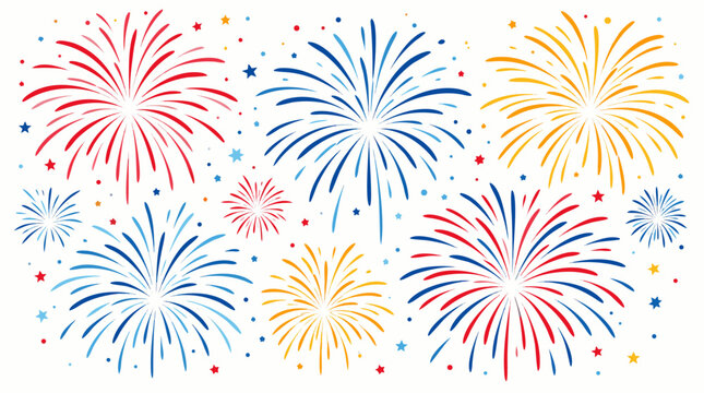 Red, blue, and gold firework bursts exploding brilliantly against a clean white background for celebration themed designs.