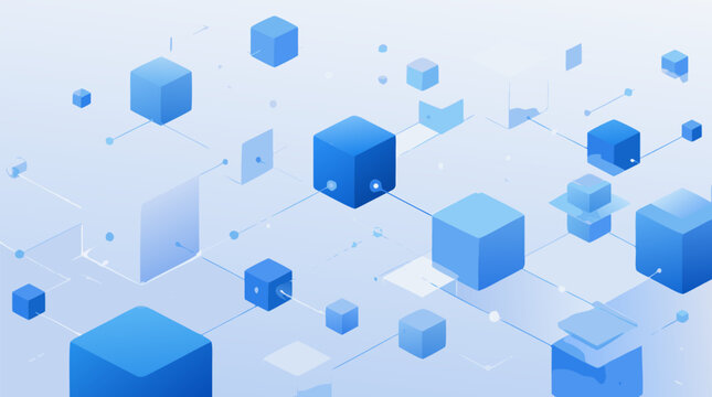 Blue three-dimensional cube shapes linked by thin connecting lines float on a light background in a technology network concept.